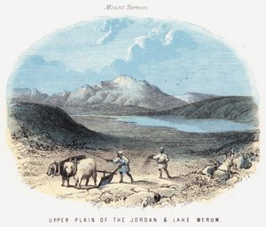 Övre slätten i Jordan och Meromsjön (färgad gravyr) av English School