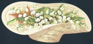 Uppåtvänd motorhuv fylld med blommor, nyårskort av English School