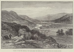 Valley of the Dee, Braemar, med Mar Lodge, höglandssätet för hertigen och hertiginnan av Fife (gravyr) av English School