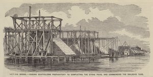 Victoria Bridge, uppförande av byggnadsställningar inför färdigställandet av stenpelarna och påbörjandet av järnvägstunneln (gravyr) av English School