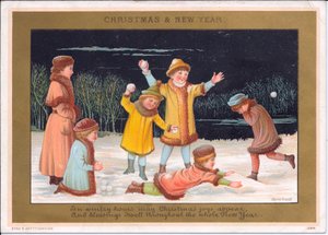 Viktorianskt jul- och nyårskort med barn som leker i snön och kastar snöbollar, ca 1880 (litho i färg) av English School