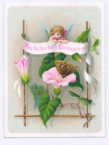 Viktorianskt julkort med en amor som tittar på en fjäril på en rosa blomma, ca 1880 (färglitografi) av English School