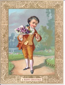 Viktorianskt julkort av en ung pojke klädd i viktorianska kläder som håller i en bukett blommor, ca 1880 (färg litho) av English School