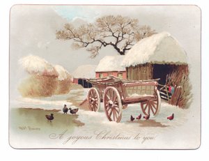 Viktorianische Weihnachtskarte mit Enten und Hühnern in der Nähe eines Teichs auf einem Bauernhof, ca. 1880 von English School