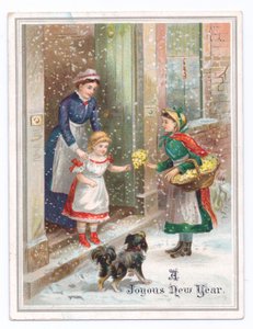 Viktorianskt nyårskort av en piga som håller fast vid en liten flicka när hon köper blommor från en blomförsäljare i den fallande snön, ca 1880 (färg litho) av English School