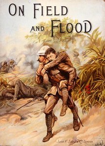 Viktoriansk bokomslag föreställande Surgeon-Captain Whitchurch som vann V.C. genom att bära den skadade kapten Baird i säkerhet under kraftig eld i Chitral-kampanjen, Indien, mars 1895 (färg litho) av English School