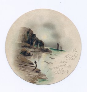 Viktorianskt cirkulärt nyårskort av en havsbild med två yachter en månbelyst natt, ca 1880 (färg litho) av English School