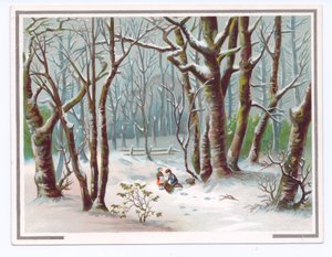 Viktorianskt gratulationskort av två barn som samlar grenar i snön, c.1880 (färg litho) av English School