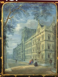 Viktoriansk syskåpspanel dekorerad med en scen från Exeter College, Oxford (papier mache) av English School