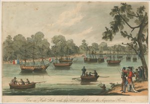 Utsikt i Hyde Park med flottan vid Anchor på Serpentine River. Naumachia. Freden 1814 av English School