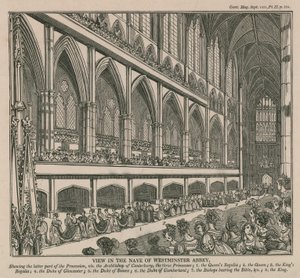 Utsikt i långhuset i Westminster Abbey under kröningen av kung William IV och drottning Adelaide av English School