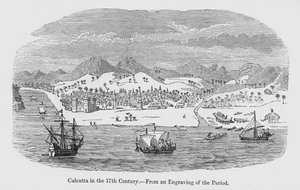 Utsikt över Calcutta som den såg ut på 1600-talet (gravyr) av English School