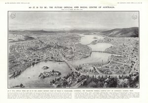 Utsikt över Canberra, föreslagen federal huvudstad i Australien, 1913 av English School