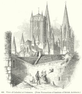Vy över katedralen i Coutances (gravyr) av English School