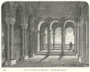Vy över kyrkan i Naranco (gravyr) av English School