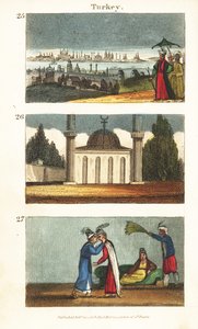 Utsikt över Konstantinopel (Istanbul) i början av 1800-talet 25, muslimsk moské med kupol och minareter 26 och unga grekiska kvinnor som kysser varandra på ögonen 27 av English School