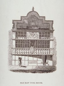 Vy över East India House, med figur framtill, c.1700 av English School