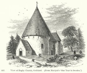 Vy över Hagby kyrka, Gothland (gravyr) av English School