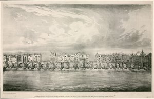 Utsikt över Old London Bridge som under drottning Elizabeth I:s regeringstid av English School