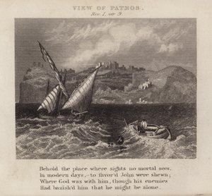 Utsikt över Patmos, Uppenbarelseboken I, ver 9 (gravyr) av English School