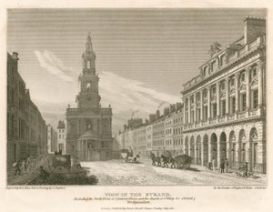 Ansicht des Strands, einschließlich der Nordfront des Somerset House und der Kirche St. Mary-Le-Strand, Westminster, London von English School