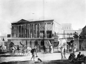 Utsikt över ett hus, fabrik och basar, i Calcutta, graverad av Francis Jukes, 1795 (akvatint) av English School