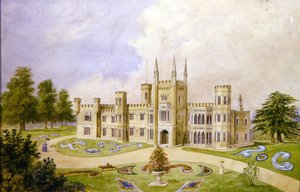 Utsikt över ett hus i gotisk stil med en formell trädgård, ca 1840 (akvarell på papper) av English School