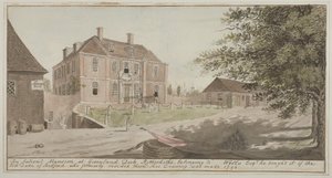 Utsikt över en gammal herrgård vid Greenland Dock i Rotherhithe, Bermondsey, 1796 (wc på papper) av English School