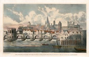 Vy över den östra sidan av Old London Bridge från BM Royal MSS av English School