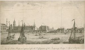 Utsikt över gamla London Bridge som den såg ut efter branden 1758 av English School