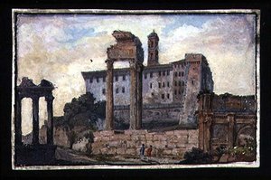Utsikt över Capitolium och Castor och Pollux-templen, Rom, ca 1800 (gouache på papper) av English School