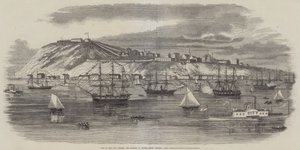 Vy över staden, citadellet och hamnen i Quebec, Nordamerika (gravyr) av English School