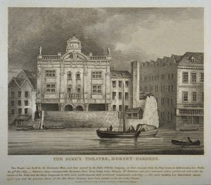 Utsikt över Dukes Theatre, Dorset Gardens, från Themsen, 1814 av English School