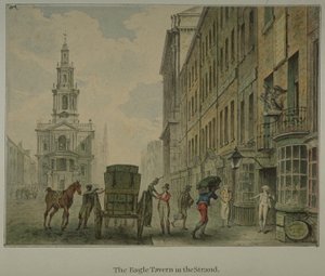 Utsikt över Eagle Tavern i Strand, Westminster, med en man som lossar produkter från en hästdragen vagn på vägen och St Mary le Strand i fjärran, ca 1800 (akvarell på papper) av English School