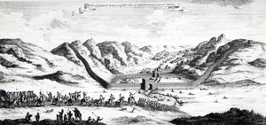 Vy över den stora muren på den sida där ambassadören gick in i Kina, från "A Collection of Voyages and Travels" av John Harris, 1748. av English School