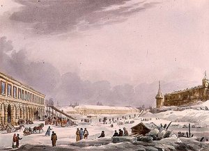 Utsikt över iskullarna under karnevalen i Moskva, tallrik 8 från "Historical Sketch of Moscow", pub. av Rudolph Ackermann (1764-1834) 1813 (akvatint) av English School