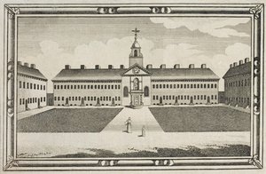 Utsikt över Ironmongers Company Almshouses, Kingsland Road, Hackney, ca 1820 av English School