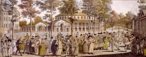 Utsikt över jubileumsbalen, Ranelagh Gardens, för att fira George, Prince of Wales födelsedag, 24 maj 1759 (handfärgad gravyr) av English School