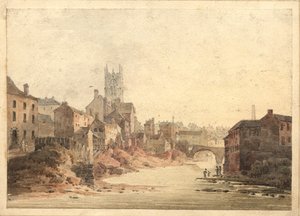 Utsikt över floden Irwell, Manchester, ca 1820-30 (wc på papper) av English School
