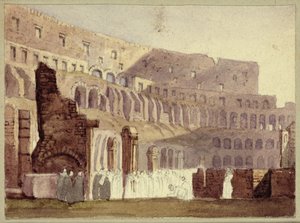 Utsikt över det romerska Colosseum, ca 1800 (wc och penna på papper) av English School