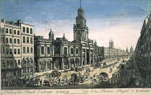 Vy över Royal Exchange, London, graverad av Pierre Moithey av English School