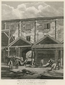 Utsikt över hudmarknaden i Leadenhall, i Parish of St Peter upon Cornhill, London av English School