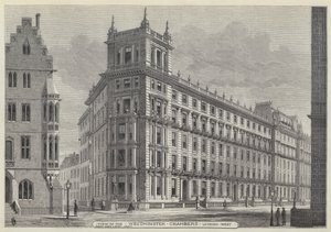Vy över Westminster Chambers, tittar västerut (gravyr) av English School