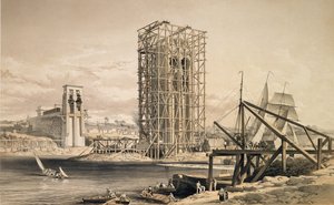 Vy över byggandet av Britannia Tubular Bridge av English School