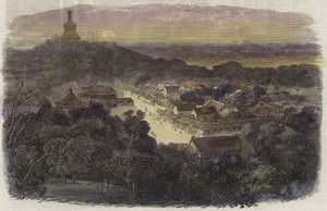Utsikt över trädgårdarna och det buddhistiska templet i den kejserliga staden av English School