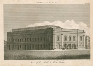 Utsikt över norra och västra fronterna av Drury Lane Theatre, London av English School