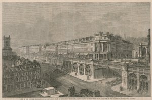 Utsikt över den föreslagna högnivåvägen eller viadukten från St Sepulchres Church till Hatton Gardens av English School
