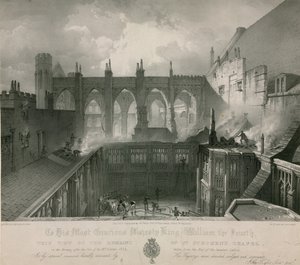 Utsikt över resterna av St Stephens Chapel på morgonen efter branden av English School