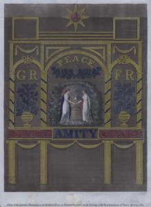 Utsikt över den fantastiska belysningen vid M Ottos hus på Portman Square, London, på fredsförkunnandets kväll den 29 april 1802 (färgad gravyr) av English School
