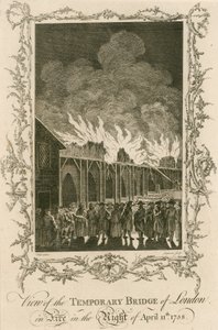 Utsikt över Londons tillfälliga bron i brand natten till den 11 april 1758 av English School